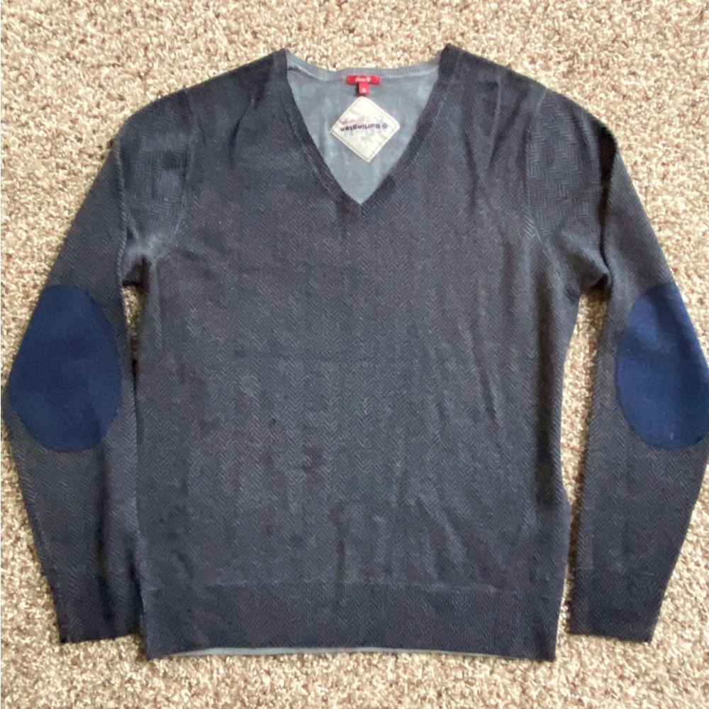 Burlington Heritage wool V-neck jumper grey Sweater with elbows patch men's M